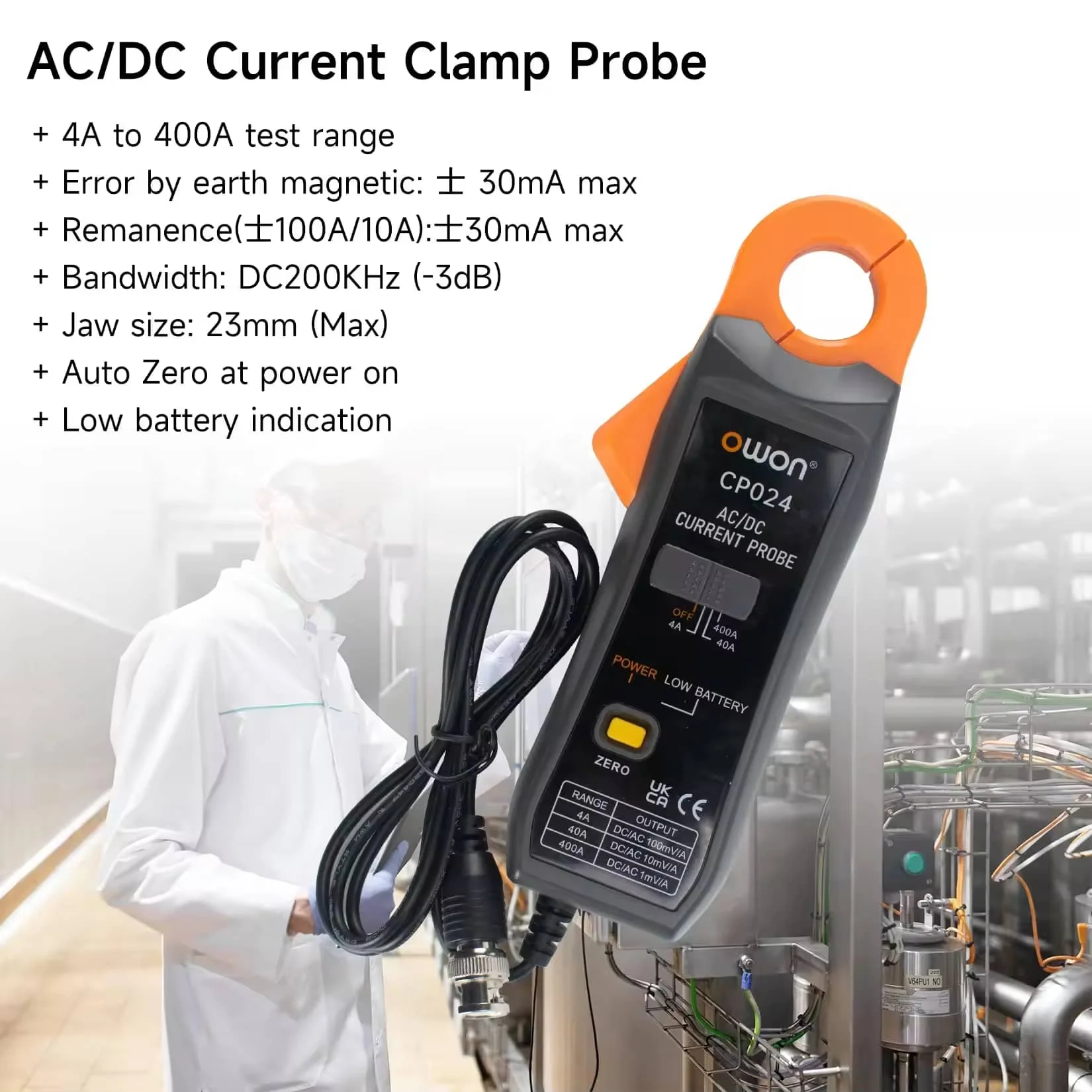 OWON CP024 DC AC Current Probe for Digital Storage Oscilloscope 4A to 400A Bandwidth 200kHz 23mm Jaw Three-Gear Current Clamp