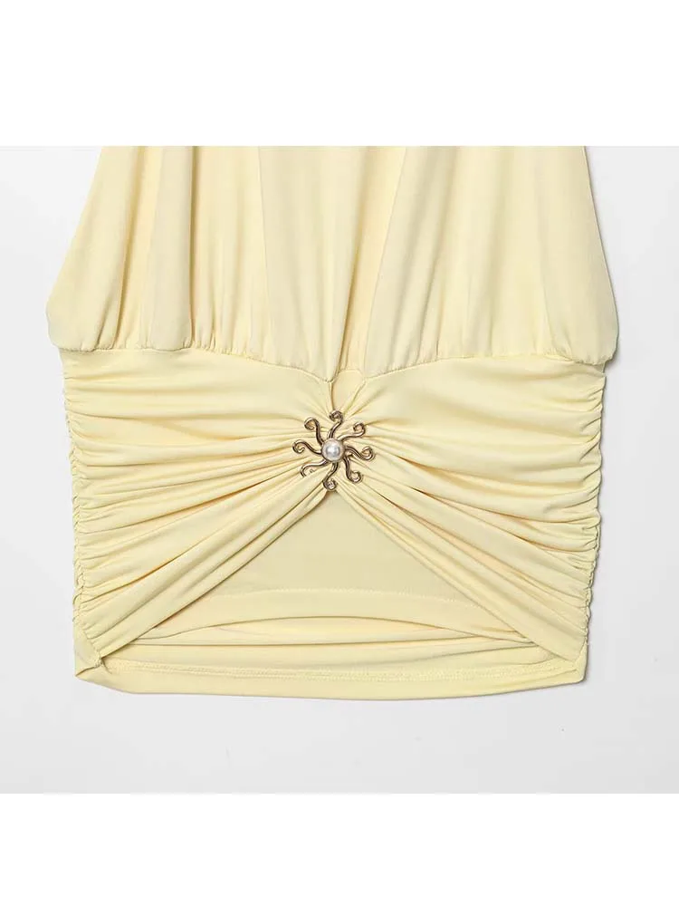 2025 New Fashion Women Tops Sleeveless Backless  Elegant Short Tops For Women Metal Sun Flower Decoration Sexy Party Top