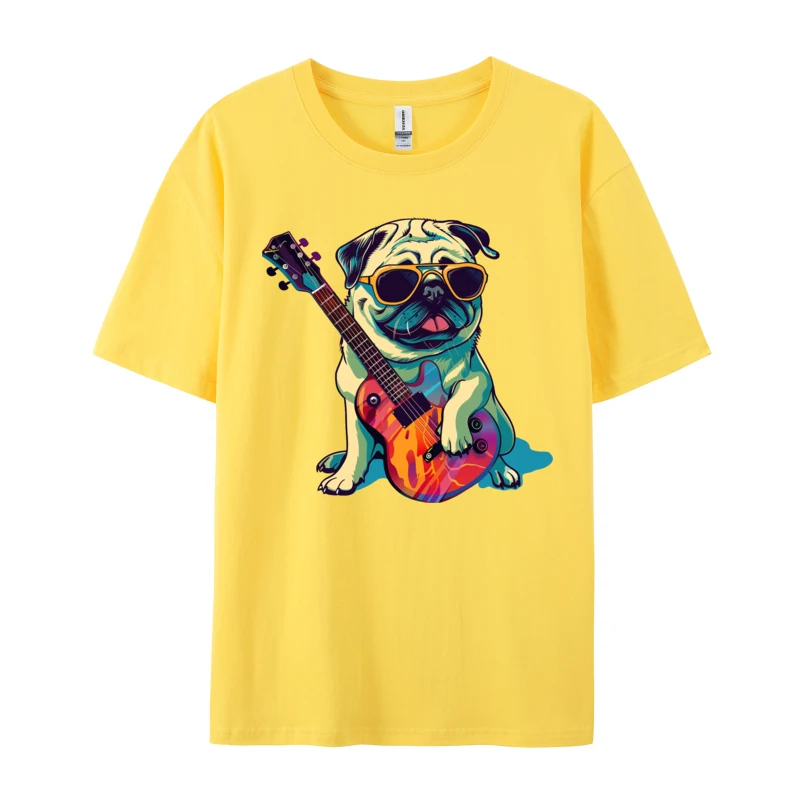 T Shirt Design Lovers Day 2024 Newest Casual Short Sleeve All Cotton Round Collar Men T-Shirt Casual Tee-Shirts pug dog with Guitar Austra 1 yellow