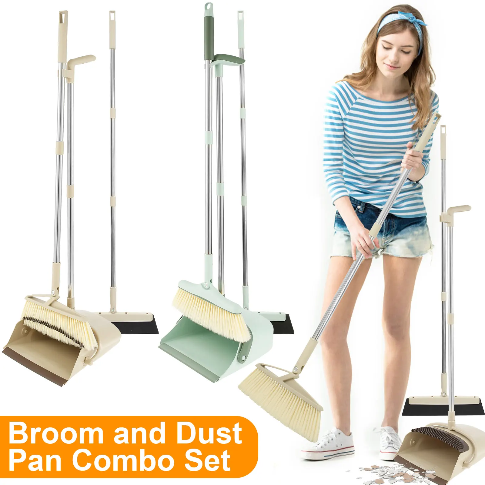 

Broom Dustpan Squeegee Set with Long Handle Dustpan and Broom Set with Comb Teeth Upright Standing Dustpan and Broom Combo