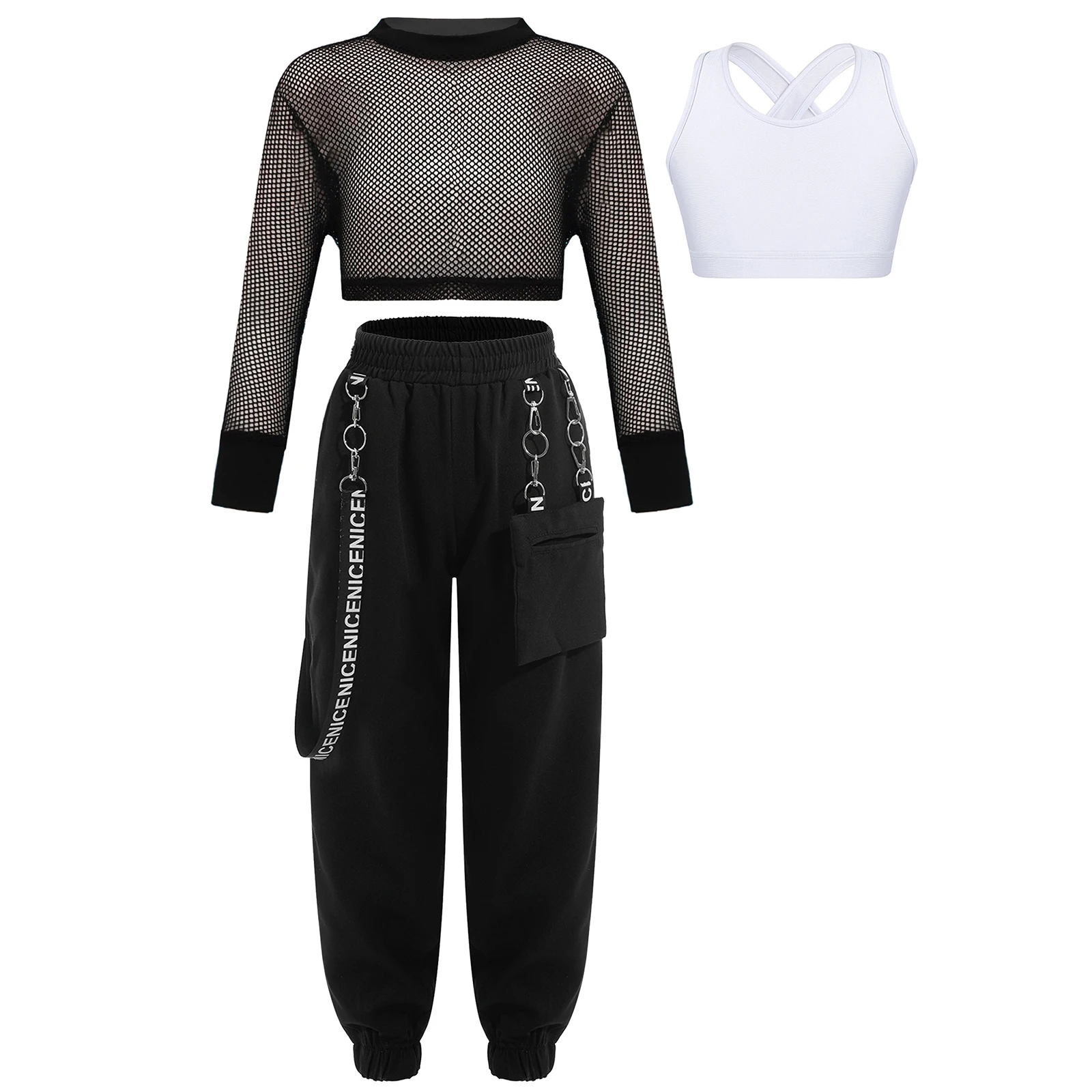 Kinder Mädchen Hip-Hop Jazz Tanz Performance Outfits: Rückenfreies Top mit Cargo-Hose und Mesh Langarm Crop Top Tanzkleidung – Detail 12