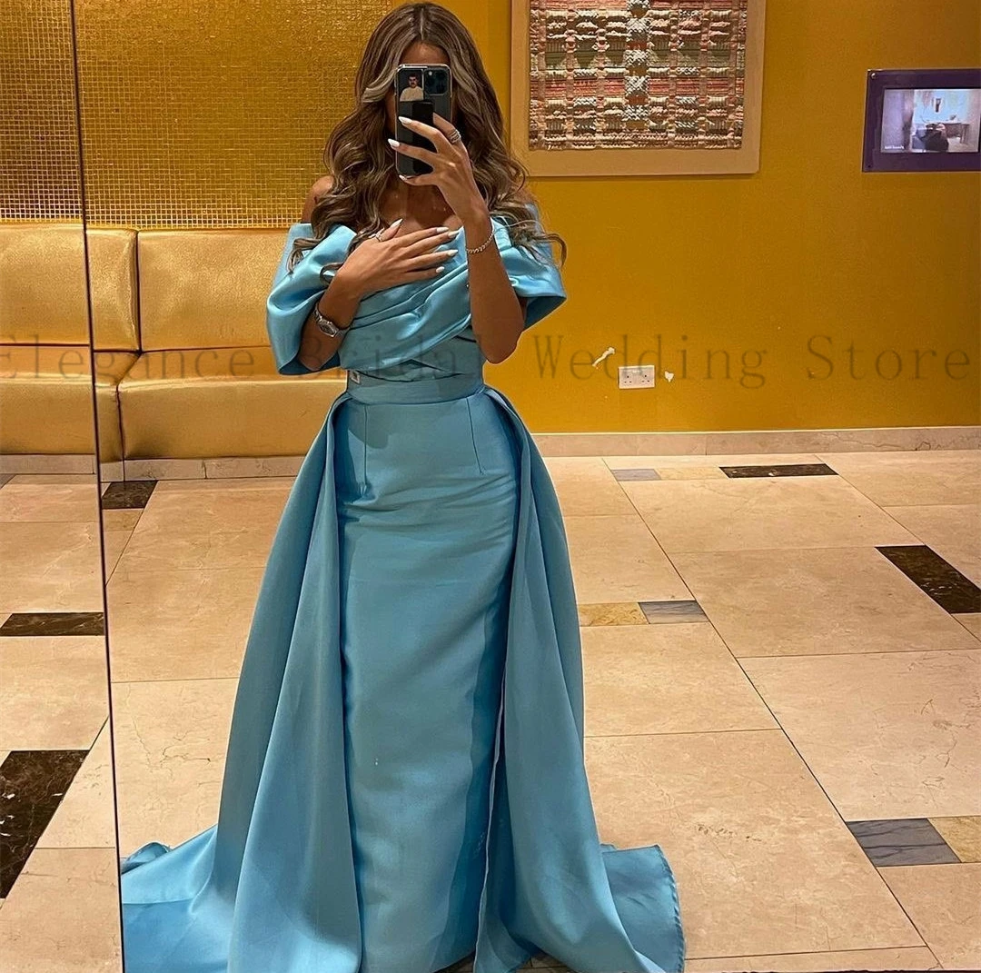 

Modern Blue Satin Evening Dresses for Wedding V-Neck Puffy Off Shoulder Formal Dress for Teens Sweep Train Saudi فساتين الحفلات