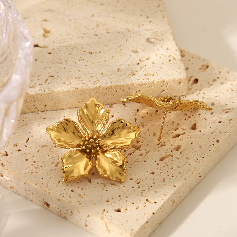 Trendy Golden Flower Earrings for Women Waterproof Stainless Steel Stylish Ear Accessories on Instagram 4