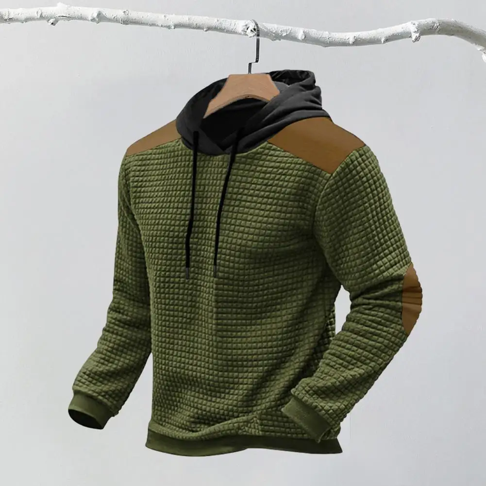 

Fall Hoodie Men's Drawstring Hoodie with Patch Design Waffle Texture Long Sleeve Pullover with Elastic Cuff Color for Men
