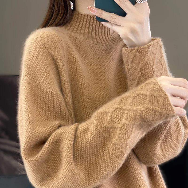 

Женский свитер из 100% чистого кашемира Свободный толстый свитер Половина пуловер с высоким воротником Шерстяной свитер Вязаная Базовая рубашка Осень и Wint