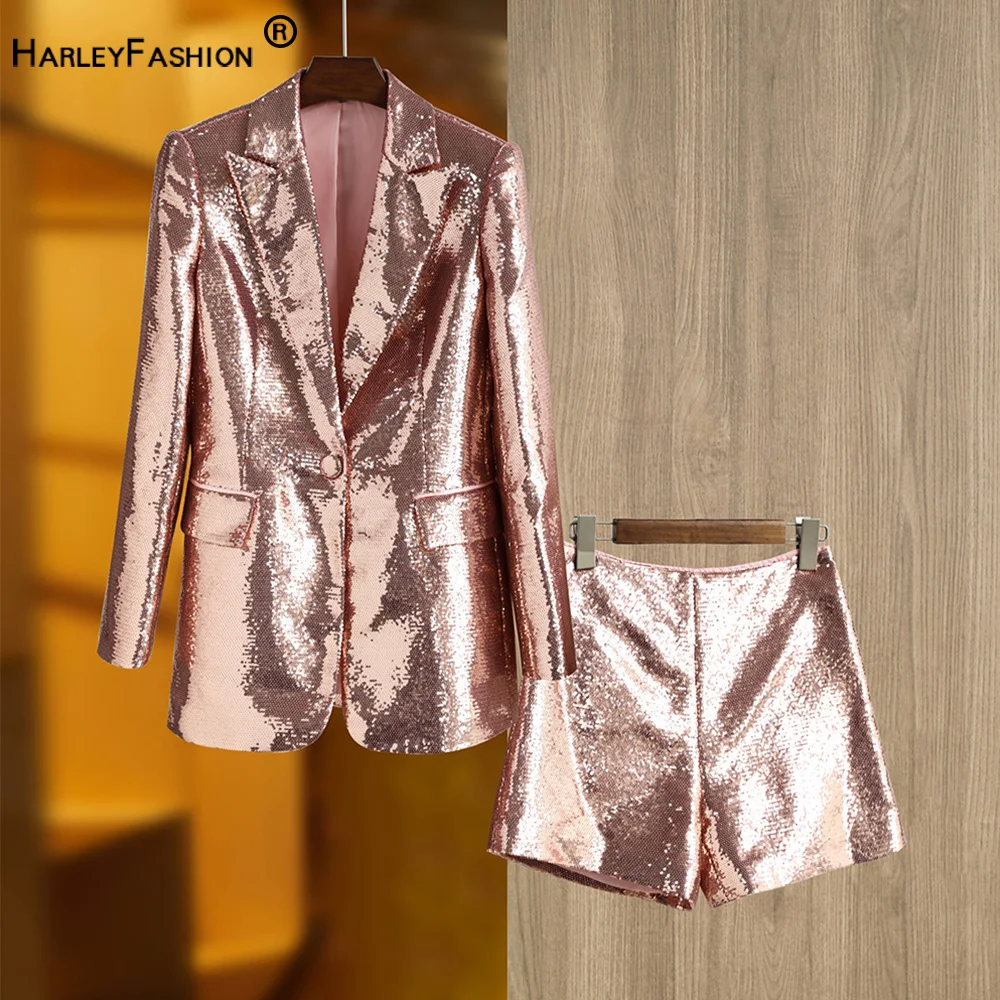 

Beautiful Champagne Color Party Design Shining Eye-catching Women Chic Sequined Blazer Shorts Suits 2PCs Sets High Quality