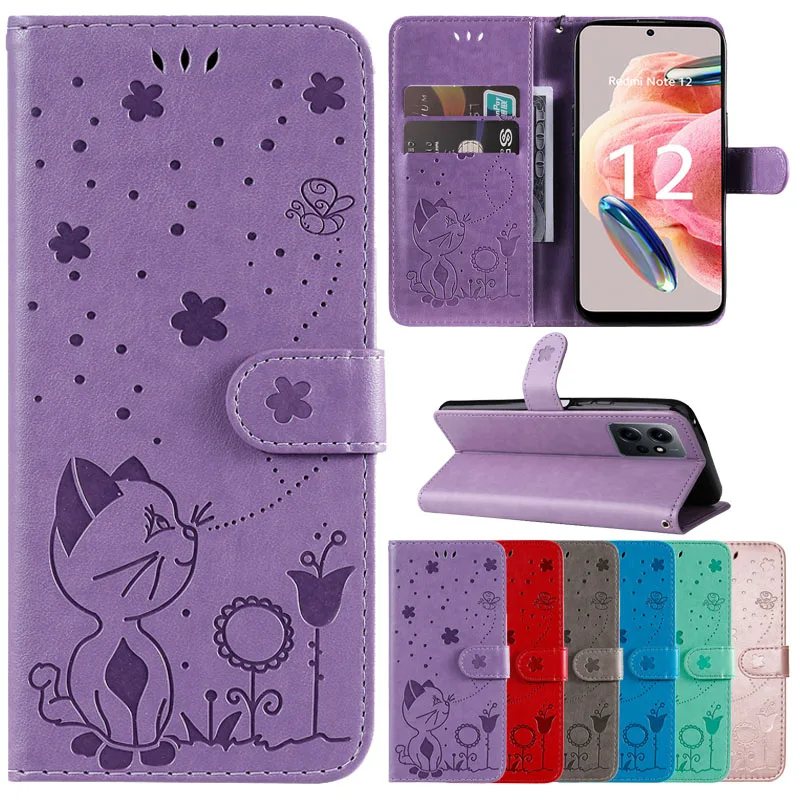 Cat and Bee Embossed Leather Wallet Cover