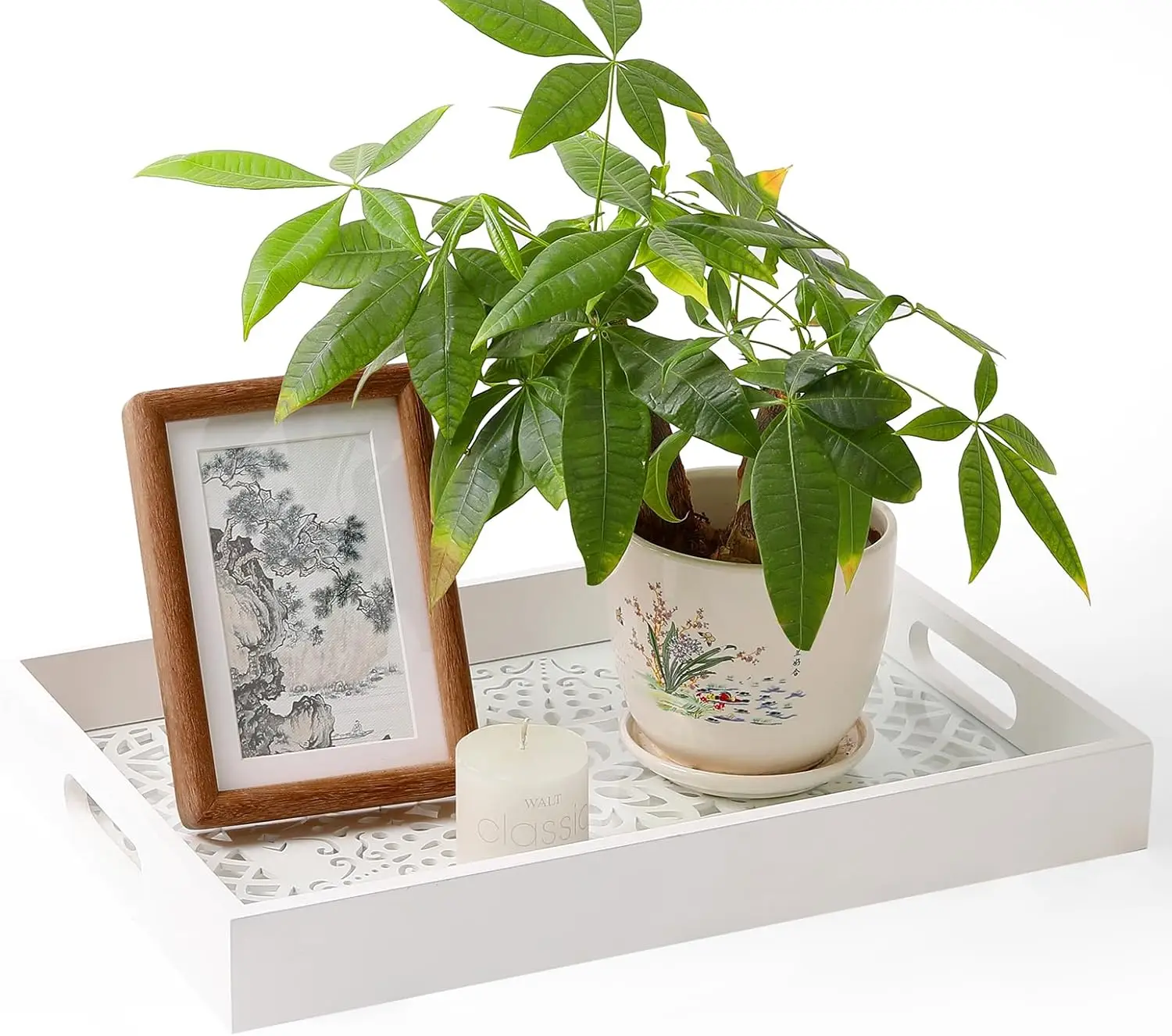 Wood Rectangle Tray with Handles Bohomian Style Coffee Table Tray Ottoman Candles Perfume for Home Decoration