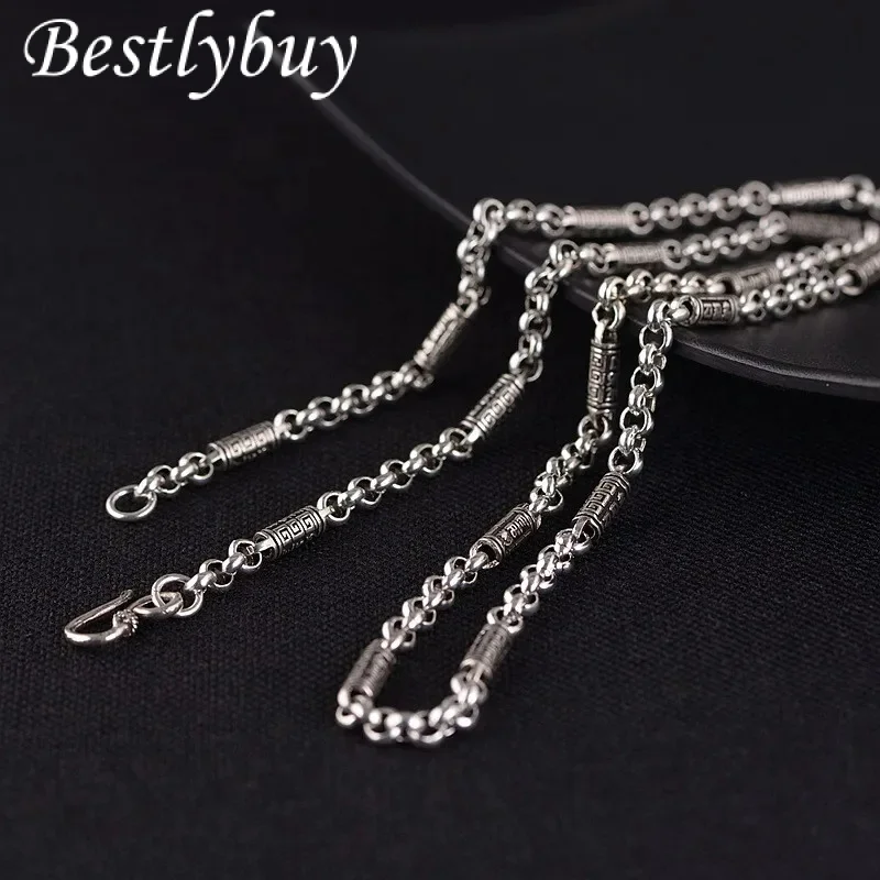 

New S925 Silver Retro Personalized Ethnic Style Pearl Chain O-Shaped Round Ring Necklace Men'S Gift
