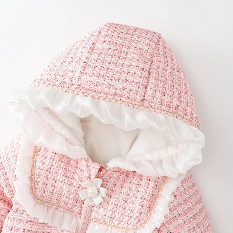 Newborn Baby Girls Hoodied Jumpsuits for Winter Clothes Kids Rompers Princess Hoodie Zip-Up Cotton-Padded Bodysuit from 6m-24m