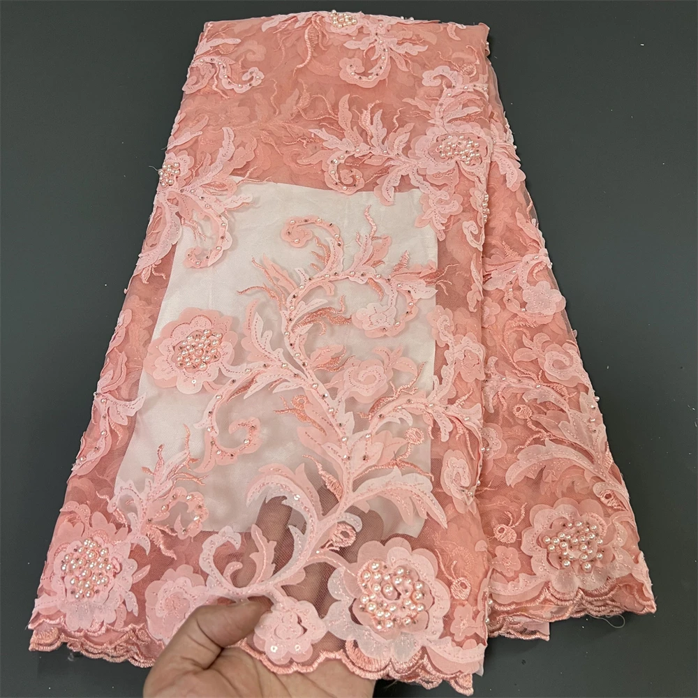 

Latest 2023 High Quality African Nigerian Tulle Lace Fabric With Sequins Embroidery Sewing Guipure Prom Dresses Beads 5Yards