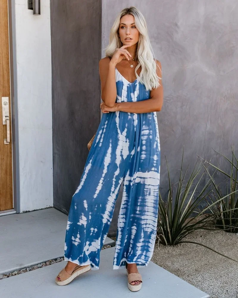 Summer Loose Sling Tie Dye Printed Jumpsuits Women 2024 Fashion Casual Folds High Waist Wide Leg Rompers Boho Streetwear Female