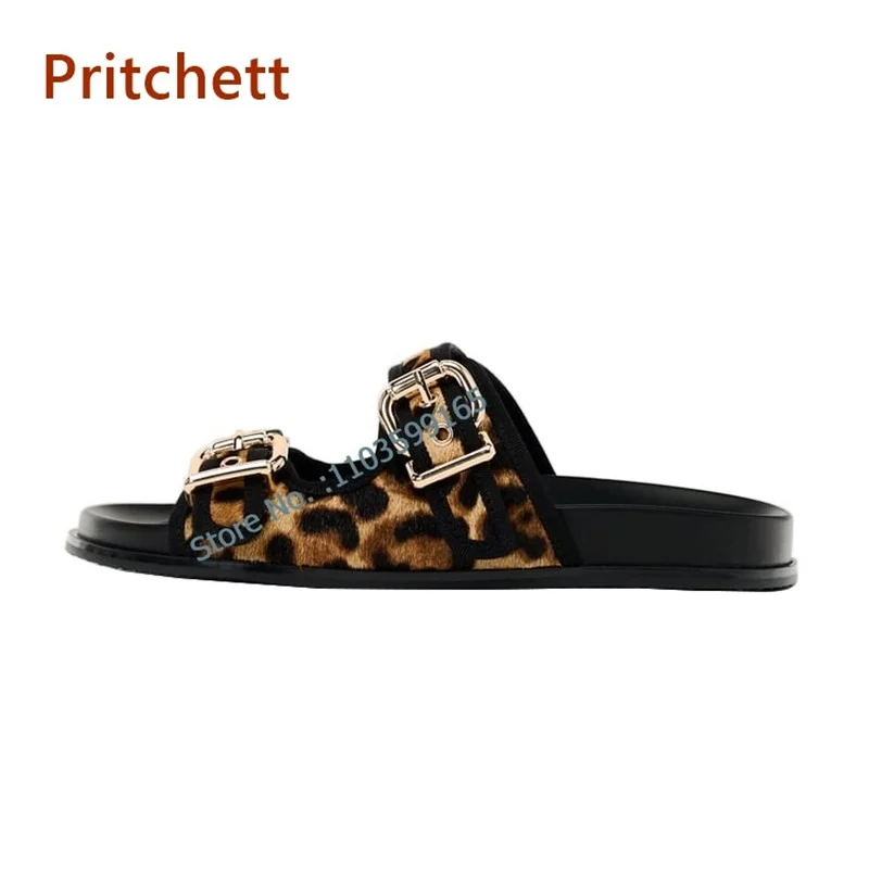 Leopard Print Buckle Decoration Slippers Round Toe Black Bordered Flat with Slip On Shoes Comfortable Outdoor Concise Shoes