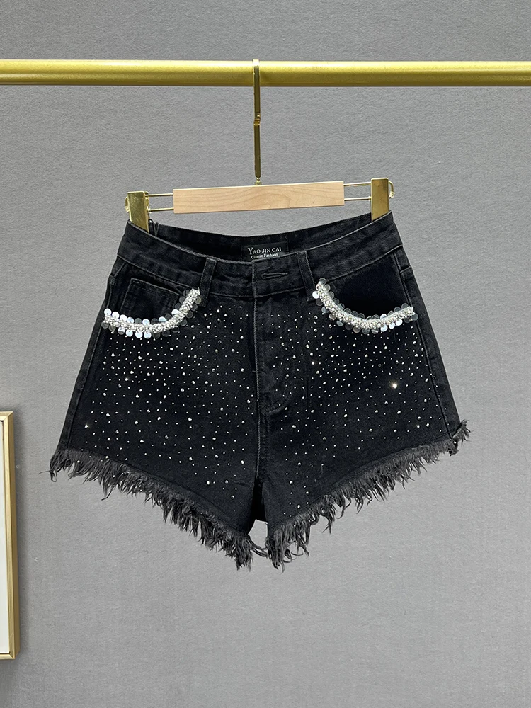 Rhinestone Denim Shorts Women's 2024 Summer Clothes New Fashion High Waist Slim-fit European Station Burr A- Line Hot Pants
