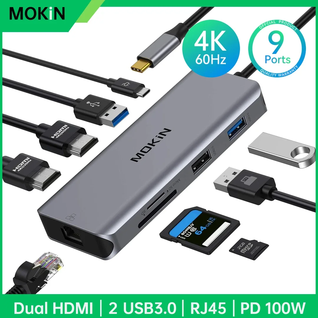 Docking Station Mokin Dual Displayport Hub Usb C Con Doppio Adattatore 4K Hdmi, Usb 3.0, Sd & Tf, Rj45,Pd 100W Per Macbook Hp Lenovo