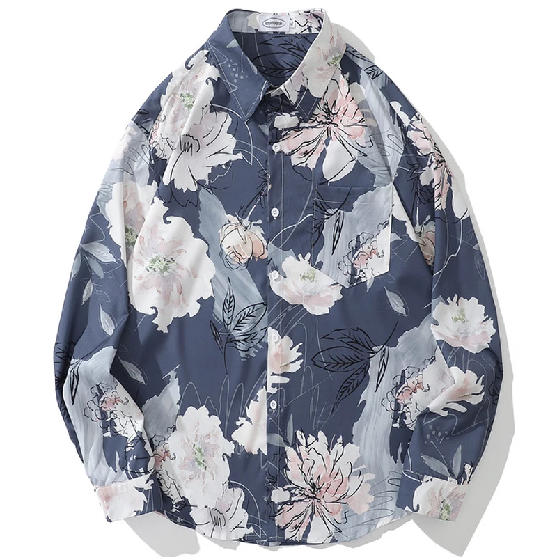 

2022 Autumn Shirts For Mens Oversize Hawaii Flowers Printed Long Sleeve Shirts Unisex Tropical Tops Turn-Down Collar Streetwear