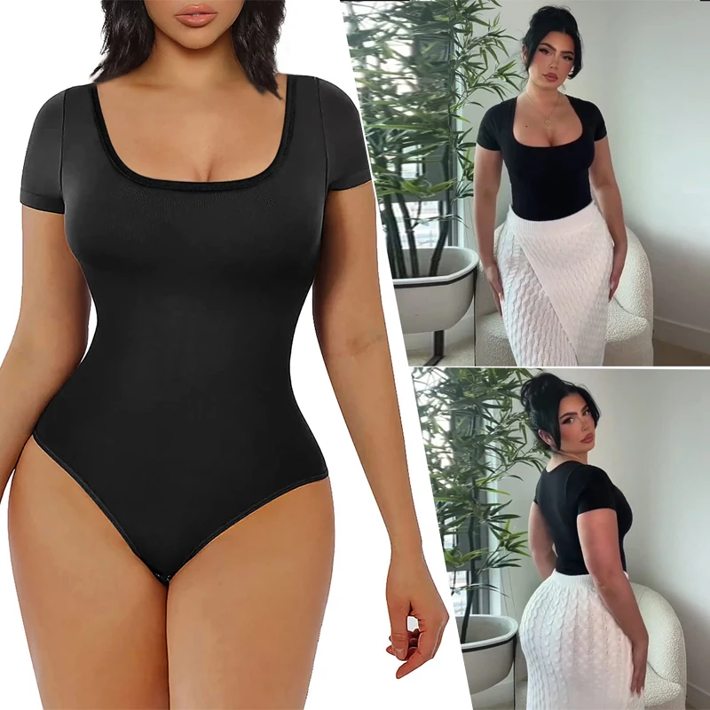 Shapewear Bodysuit for Women Tummy Control Shapewear Seamless Short Sleeve Scoop Neck Thong Sculpting Body Shaper Slim Underwear