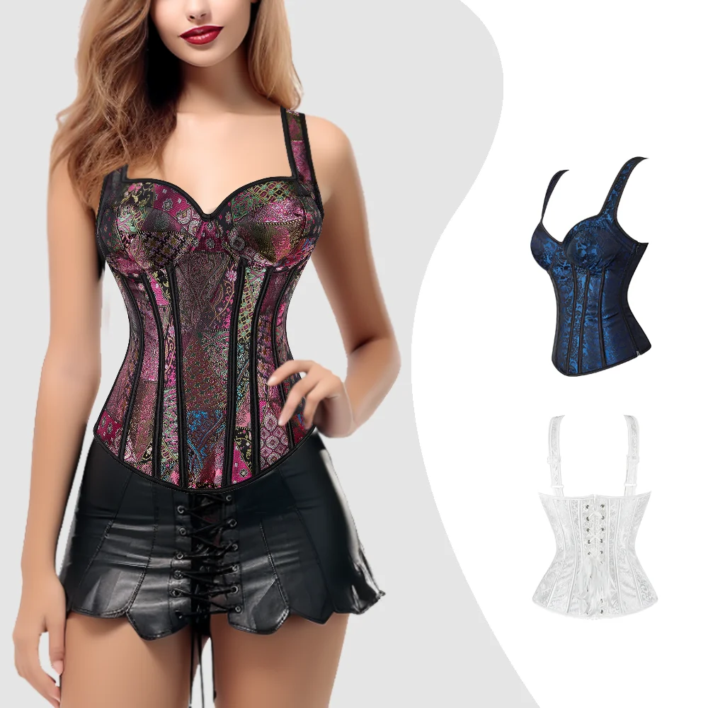 Corset Bustier Top Corset with Straps for Women Overbust Corset Plus Size Jacquard Lace-Up Zipper Vintage Gothic