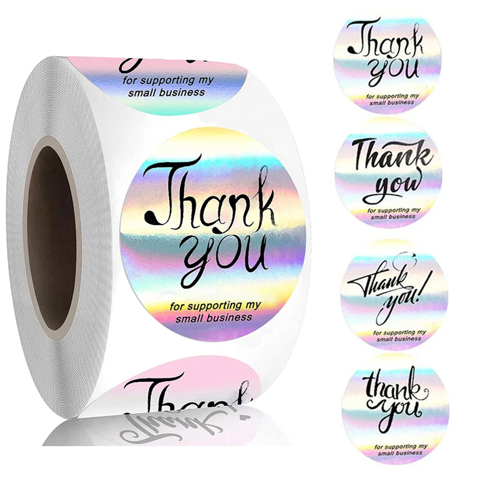 100-500 stuks Regenboog Laser Dank U Stickers 1 inch Kleine Bedrijven Stickers Zelfklevende Etiketten voor Boetieks Verpakking levert