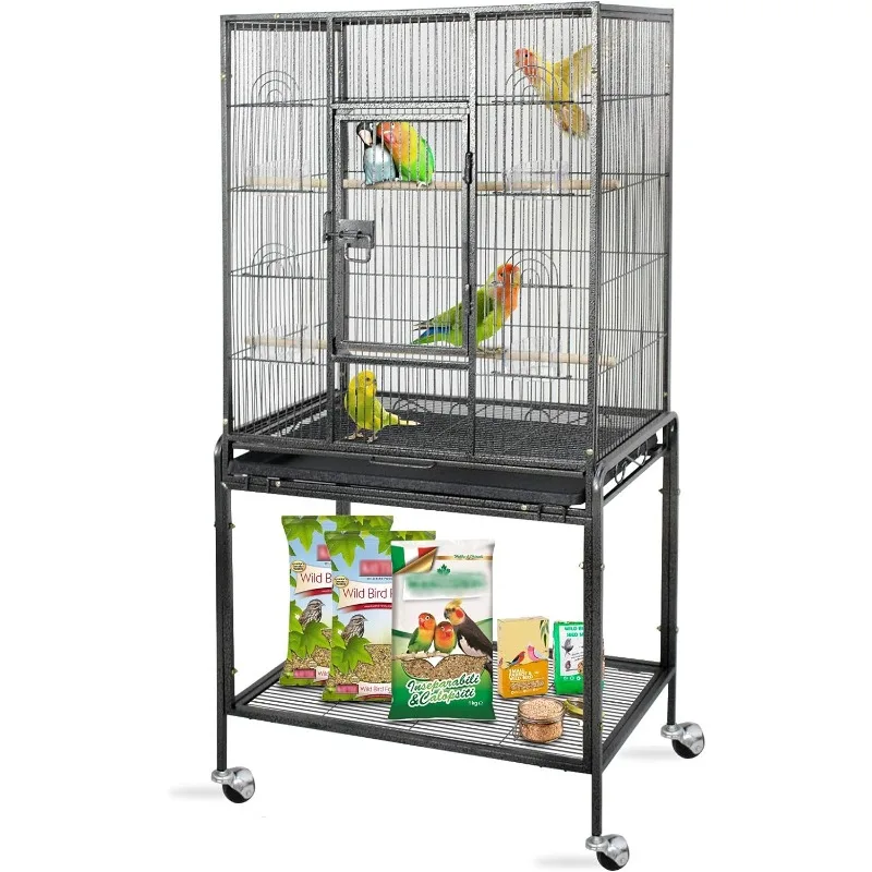 

53-Inch Standing Wrought Iron Birdcage Large Parrot Flight Bird Cage with Rolling Stand Birdcages for Cockatiels African Grey