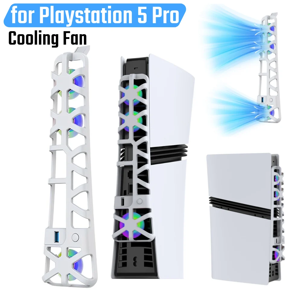 For PS 5 Pro Temperature-Controlled Cooling Fan External Fan Cooler RGB Light USB3.0 Hub Vertical Radiator for Playstation 5 Pro