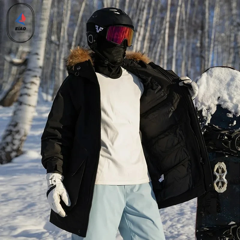 Eiao Hunting Ski White Duck Down Coats Men Fashion Winter 2026 Hard Shell Windproof Big Wool Collar Warm Down Jacket Long Parka