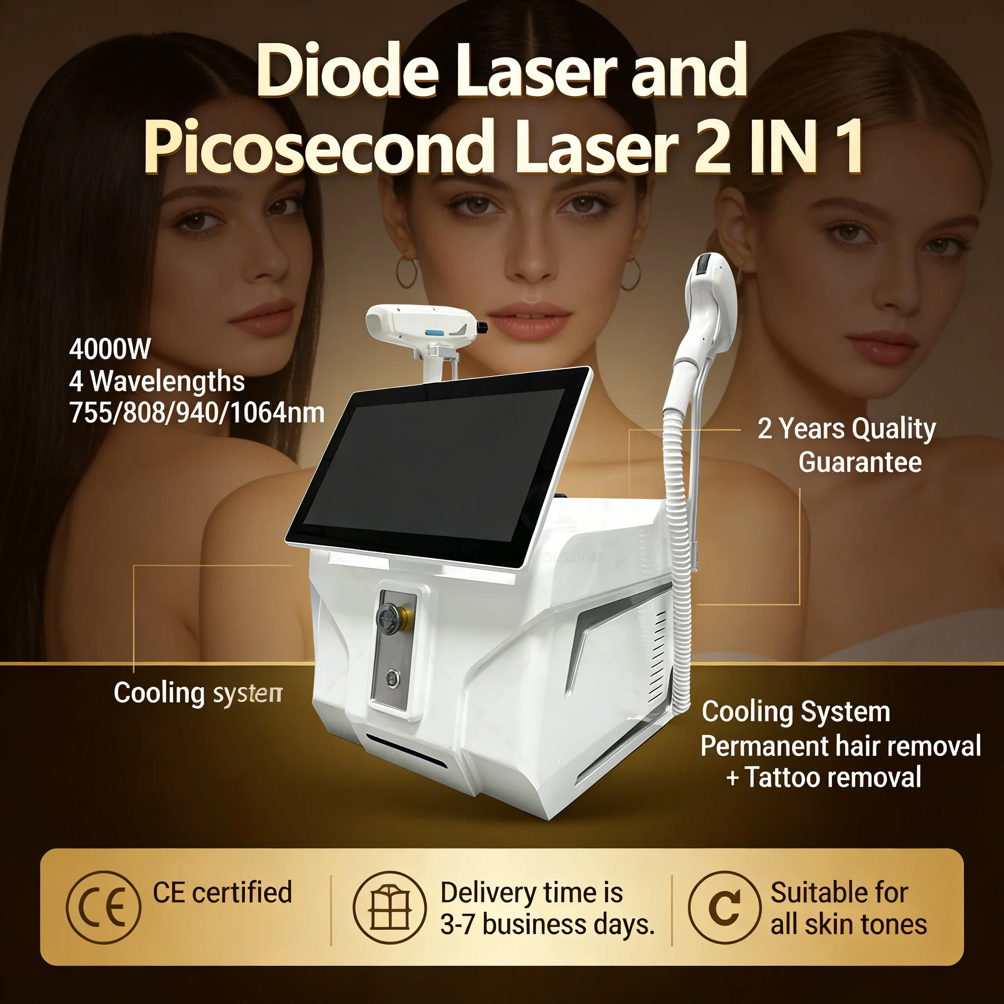 Portable 4000W Diode Laser Epilator 2 In1 Picosecond Tattoo Remover Hair Removal Device with High-Intensity Pulsed Light