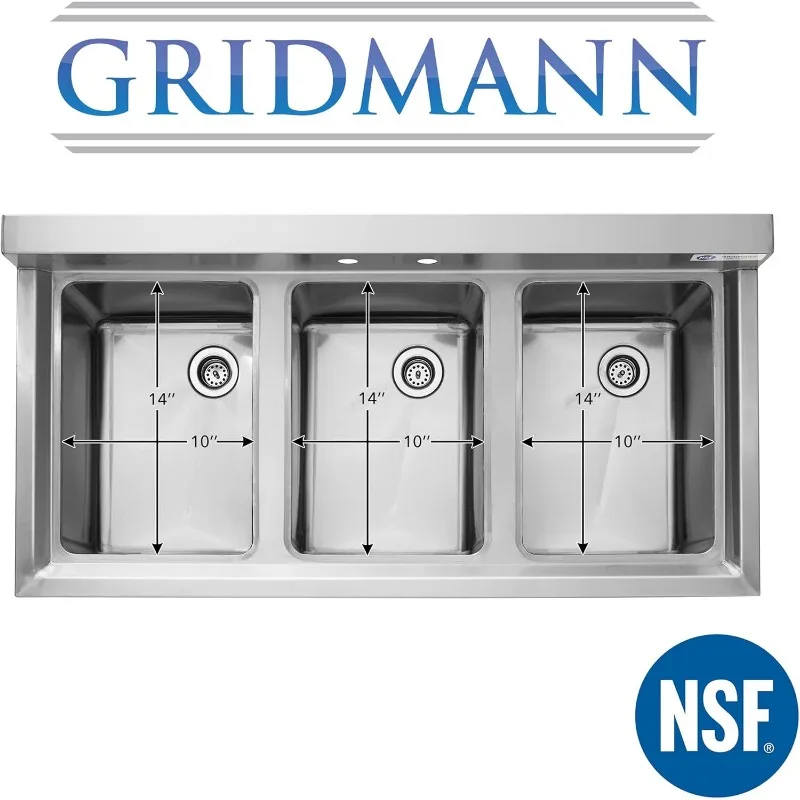 GRIDMANN 3 Compartment Stainless Steel Bar Sink, NSF Commercial Kitchen Underbar Sink with 10" L x 14" W x 10" D Bowls 3