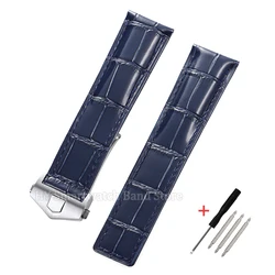 Cowhide Leather Waterproof Watch Strap with Metal Folding Buckle - 24mm (Blue - Silver)