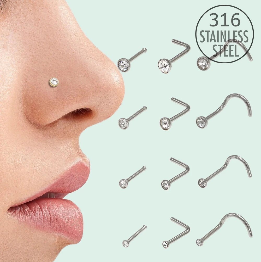 

10Pcs 1.5/2/2.5/3.0mm Nose Studs Rings with Crystal Stone Nostril Piercing Jewelry Bend Bone Screw Shape Stainless Steel 18g 20g
