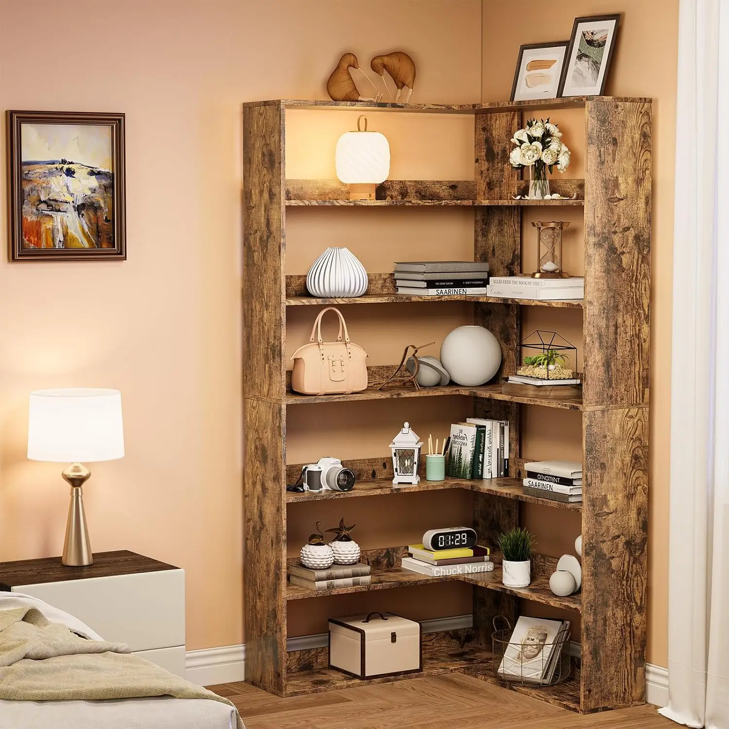 6 Tier Industrial Corner Bookshelf L-Shaped Bookcase with Baffles & Wooden Shelves Large Storage Display Unit for Home Office