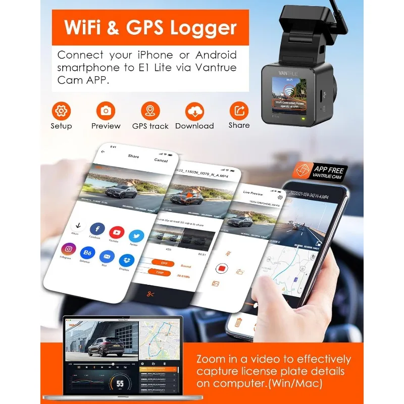 E1 Lite 1080P WiFi Mini Dash Cam with GPS and Speed, Free App, Voice Control Detachable Dash Camera, 24 Hours Parking Mode