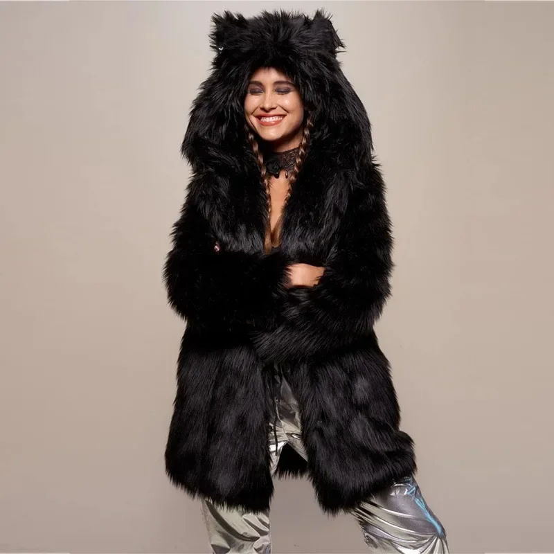 

Women's Imitation Fur Coat Long Sleeved Hooded Thickened Warm and Slim Fitting Fur Jacket European and American