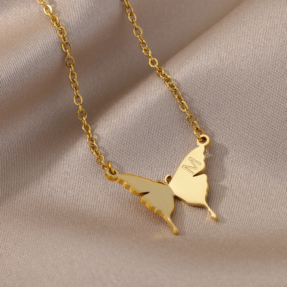 Necklace Stainless Steel Butterfly Initial Letter for Women