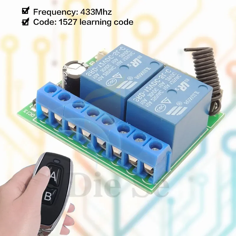 433 MHz 원격 제어 스위치 DC 12V 10A 전류 포지티브 및 네거티브 제어용 2 갱 rf 릴레이 수신기 및 송신기