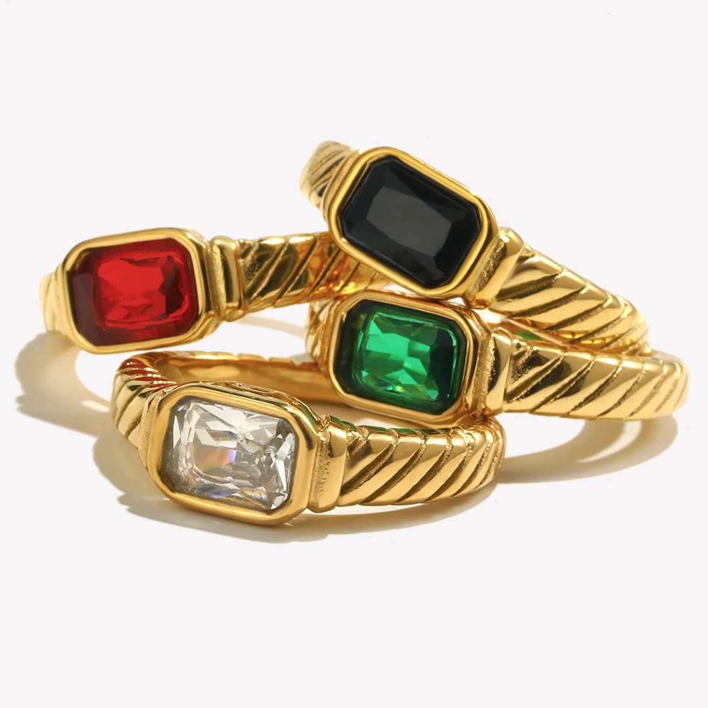Gemstone Ring Thin Ring Band Texture Engraved Small Square 3A Cubic Zirconia Stone