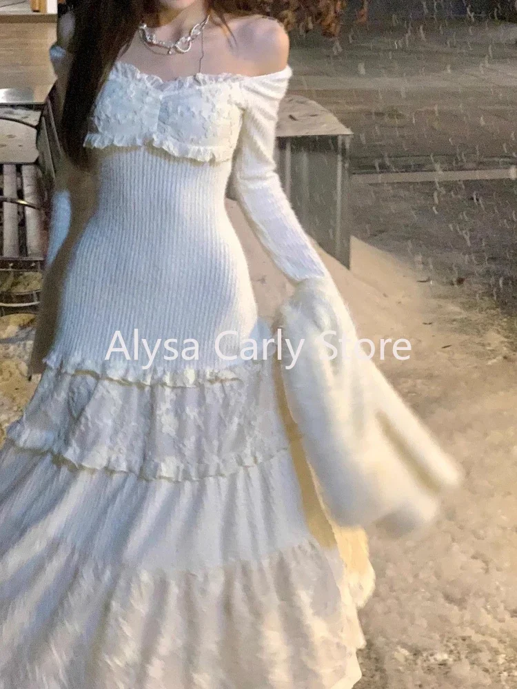 Весна 2024, элегантное вязаное платье, женское кружевное лоскутное платье Koeran, платье миди принцессы, женское повседневное милое вечернее платье