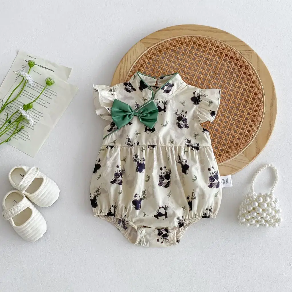 

Ins 2024 Summer Baby Girl Romper Panda Print Flying Sleeve Knotbow Thin Newborn Girl Bodysuit Muslin National Infant Girl Outfit