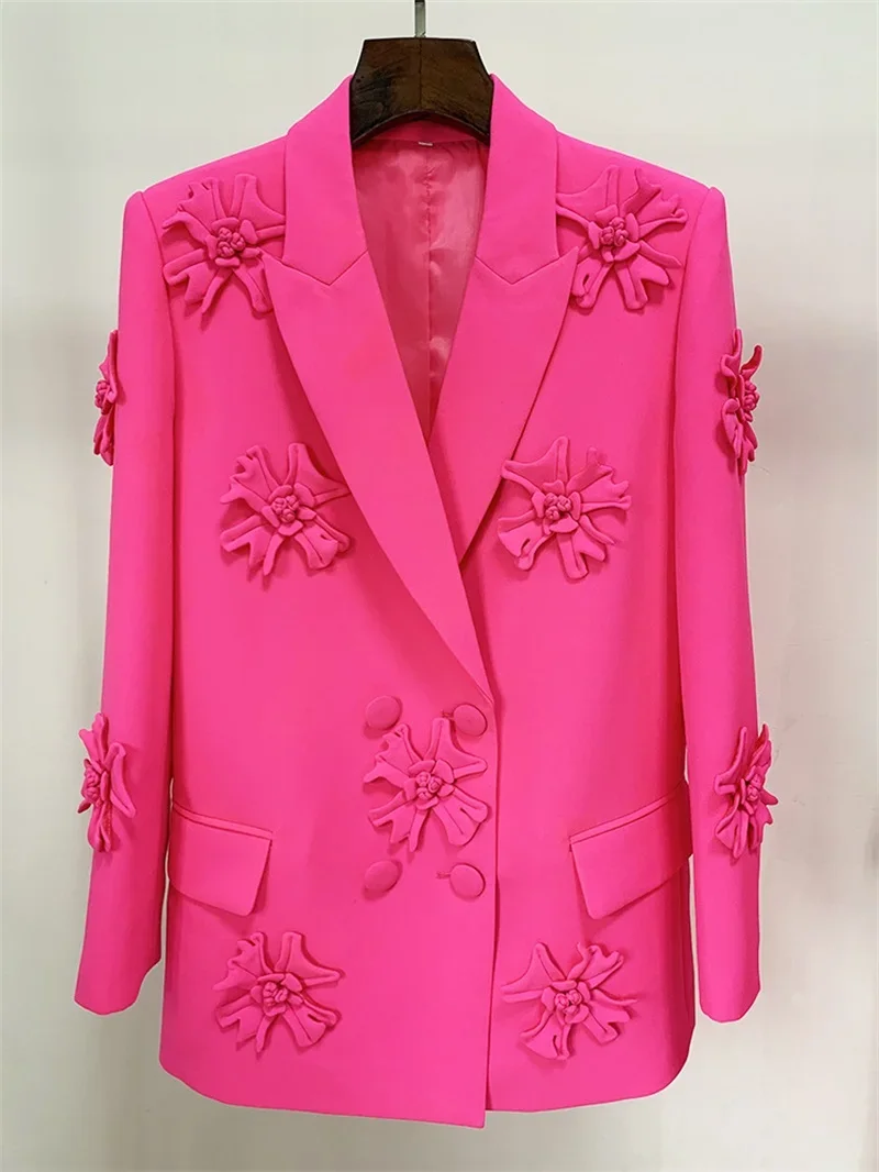 

Barbiecore Pink Women Suit 1 Piece Blazer Long Jacket Female Spring Office Lady Business Work Wear 3D Flower Coat Prom Dress