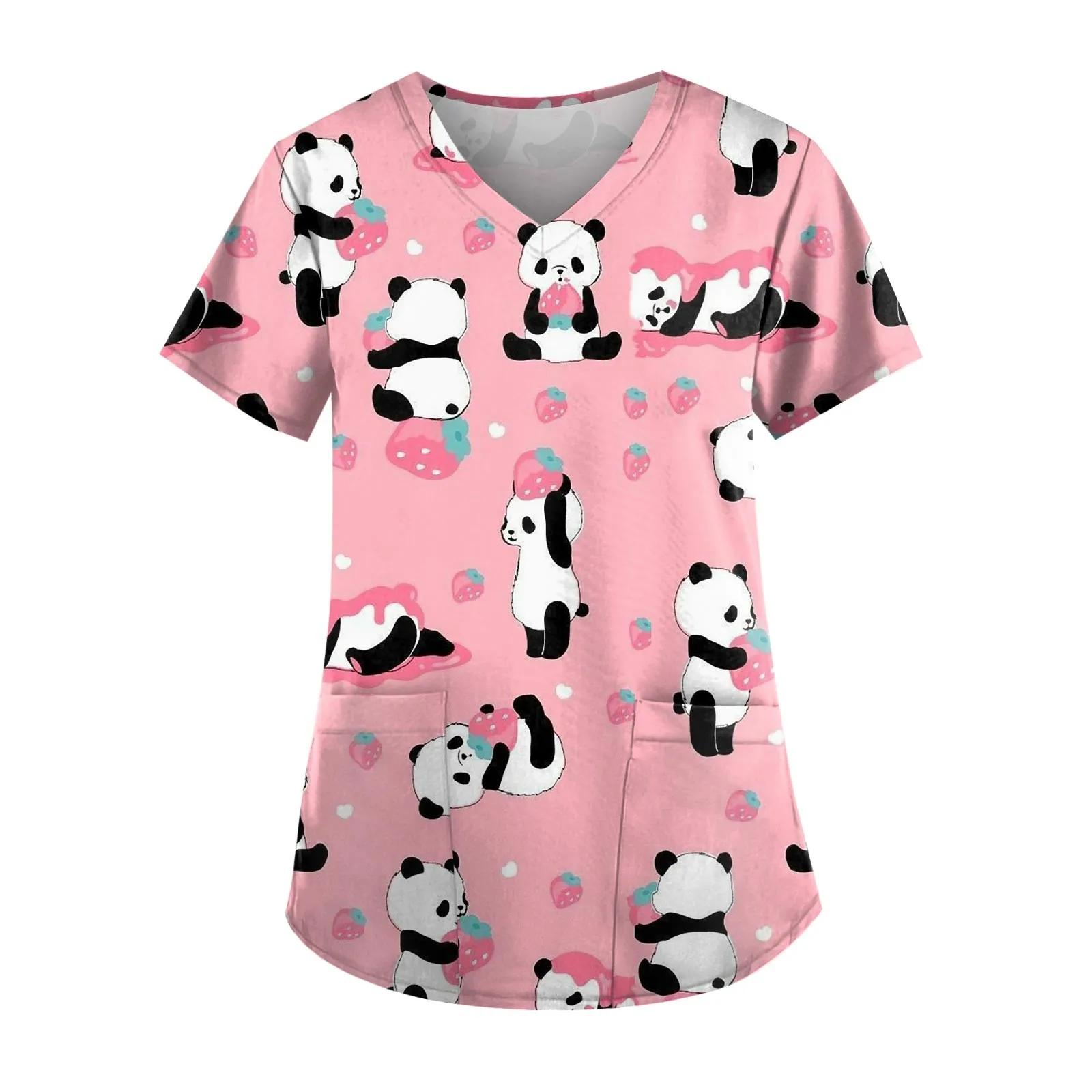 

2023 Women Working Uniform Panda Printed Nurse Work Wear Short-Sleeved V-Neck Nurse Topmedical Cartoon Printing Summer Blouse