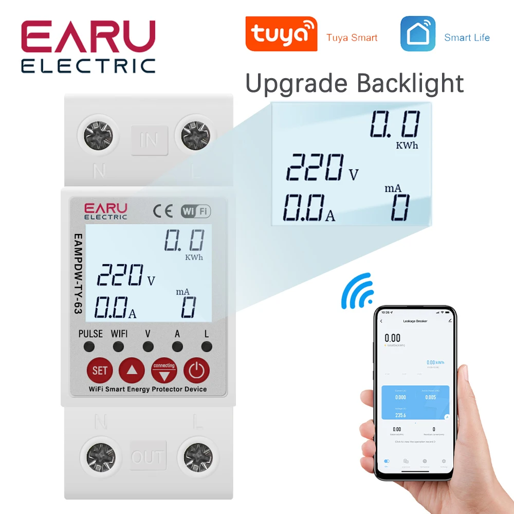 2P 63A Tuya App Wifi Smart Circuit Earth Leakage Over Under Voltage Protector Relay Device Switch Breaker Energy Power Kwh Meter