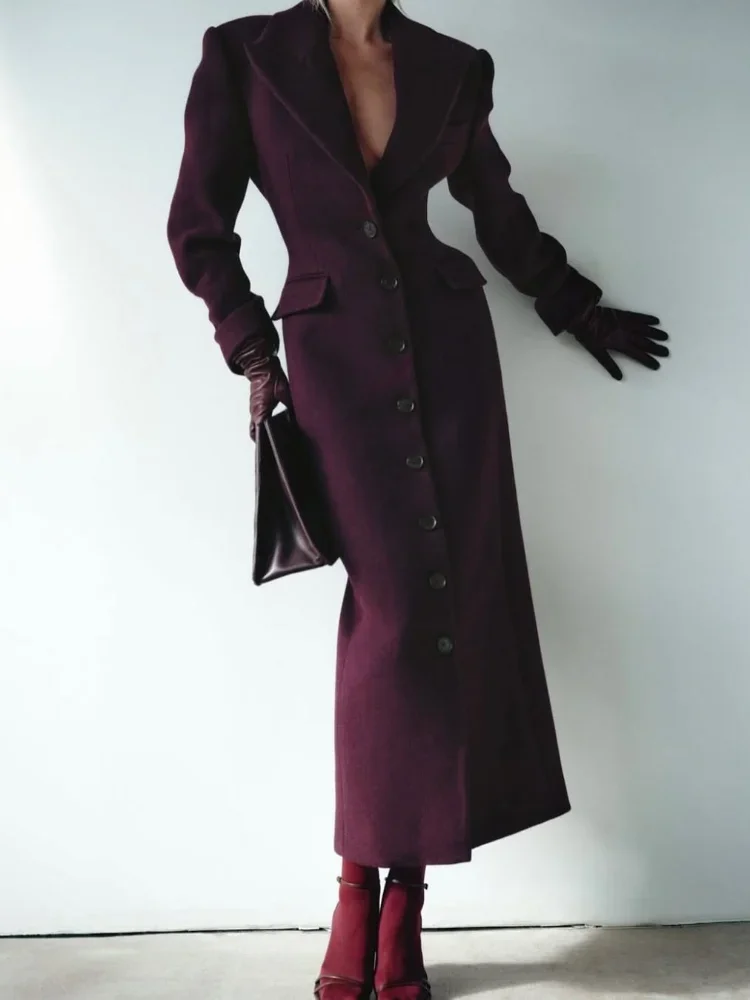 Fashion High Waist Flap Pockets Long Coats Elegant Burgundy Lapel Single Breasted Wool Blends Overcoat New Lady Street Outerwear 3