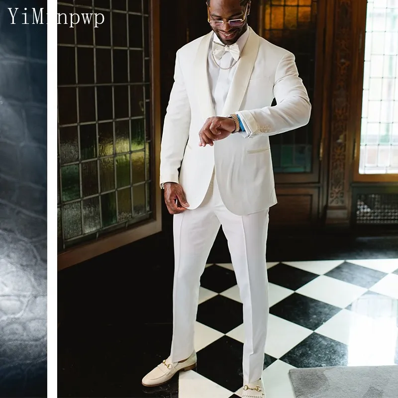 White Wedding Suits For Men Champagne Shawl Lapel One Button Side Vent