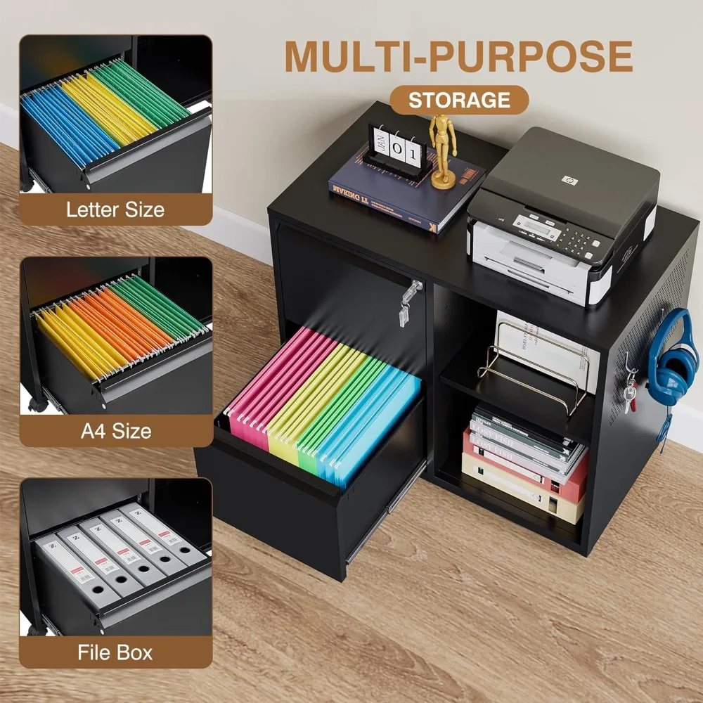 lateral 2 drawer filing cabinet with lock, mobile file cabinet on wheels, printer stand with storage for legal/letter/a4 file fo