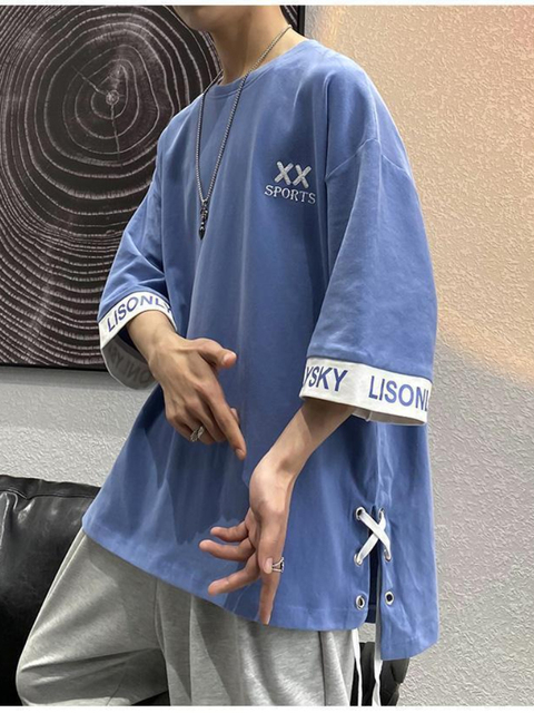 Half-sleeved T-shirt Men's 2022 New T-shirt Trend Slit Tie Rope Trend Letter Streetwear College Harajuku Student Shirt