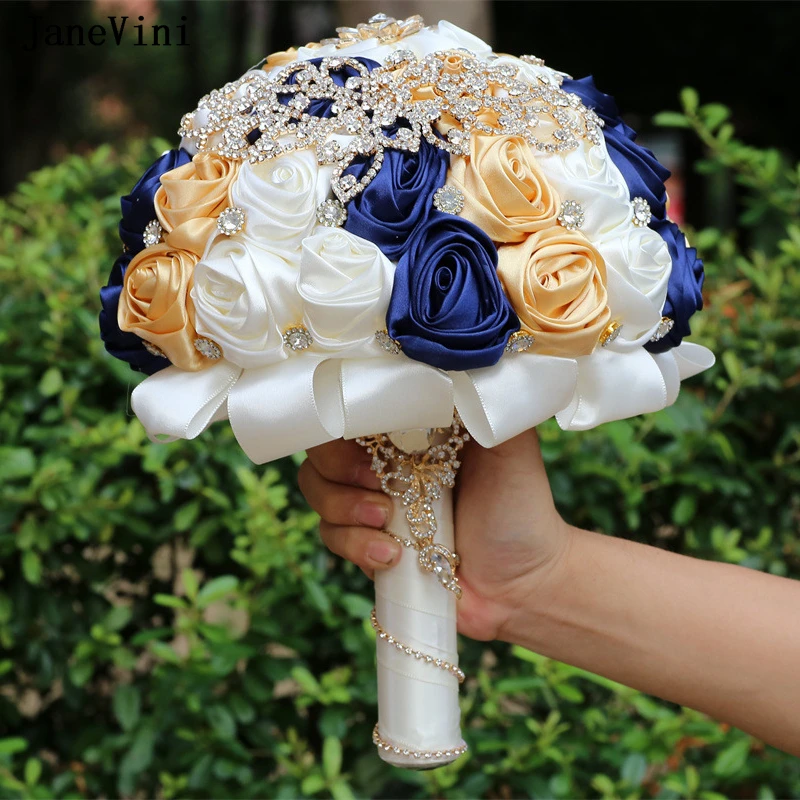 JaneVini Navy Blue Wedding Bouquets with Golden Rhinestones Artificial Satin Roses Bridal Bridesmaid Bouquet Flowers