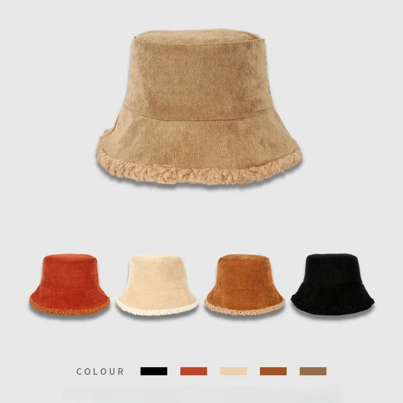 

New Reversible Faux Fur Bucket Hat Women Winter Lamb Wool Fleece Cap Corduroy Fisherman Hats Sunscreen Panama Caps