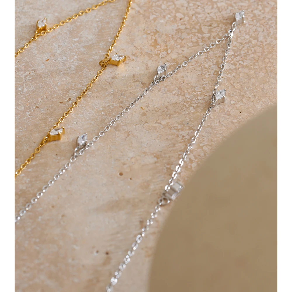 Yhpup Stainless Steel Rhombus Cubic Zirconia Necklace Korean Fashion Jewelry