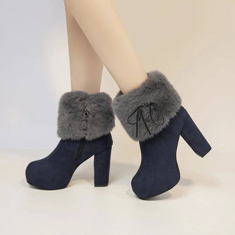 New Winter Women High Heels Shoes Warm Non-slip Block Cow Suede Warm Snow Boots Fashion Designer Crystal Plush Goth Botas