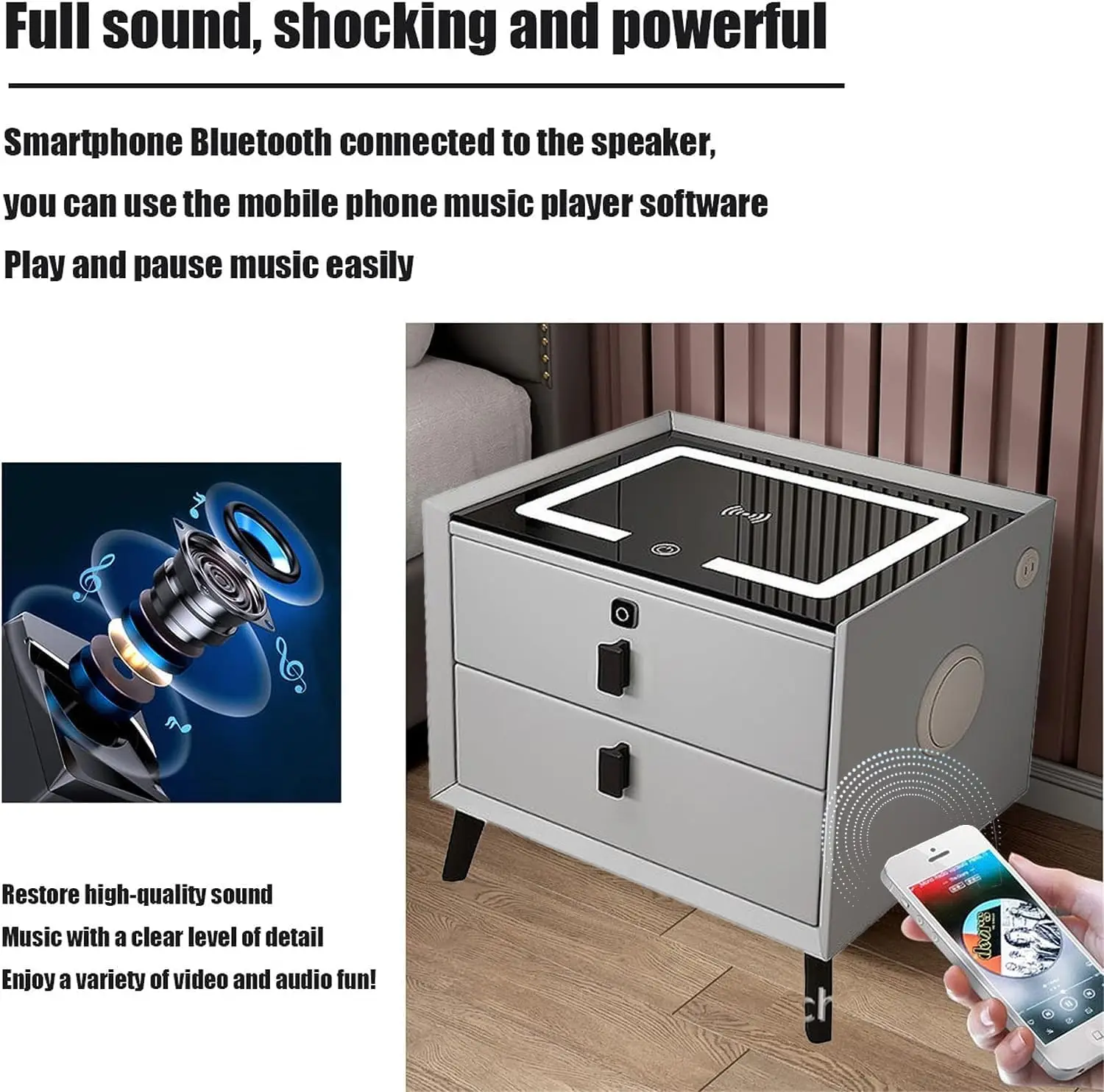 طاولة سرير ذكية خشبية، طاولة جانبية مع درج بقفل بص...